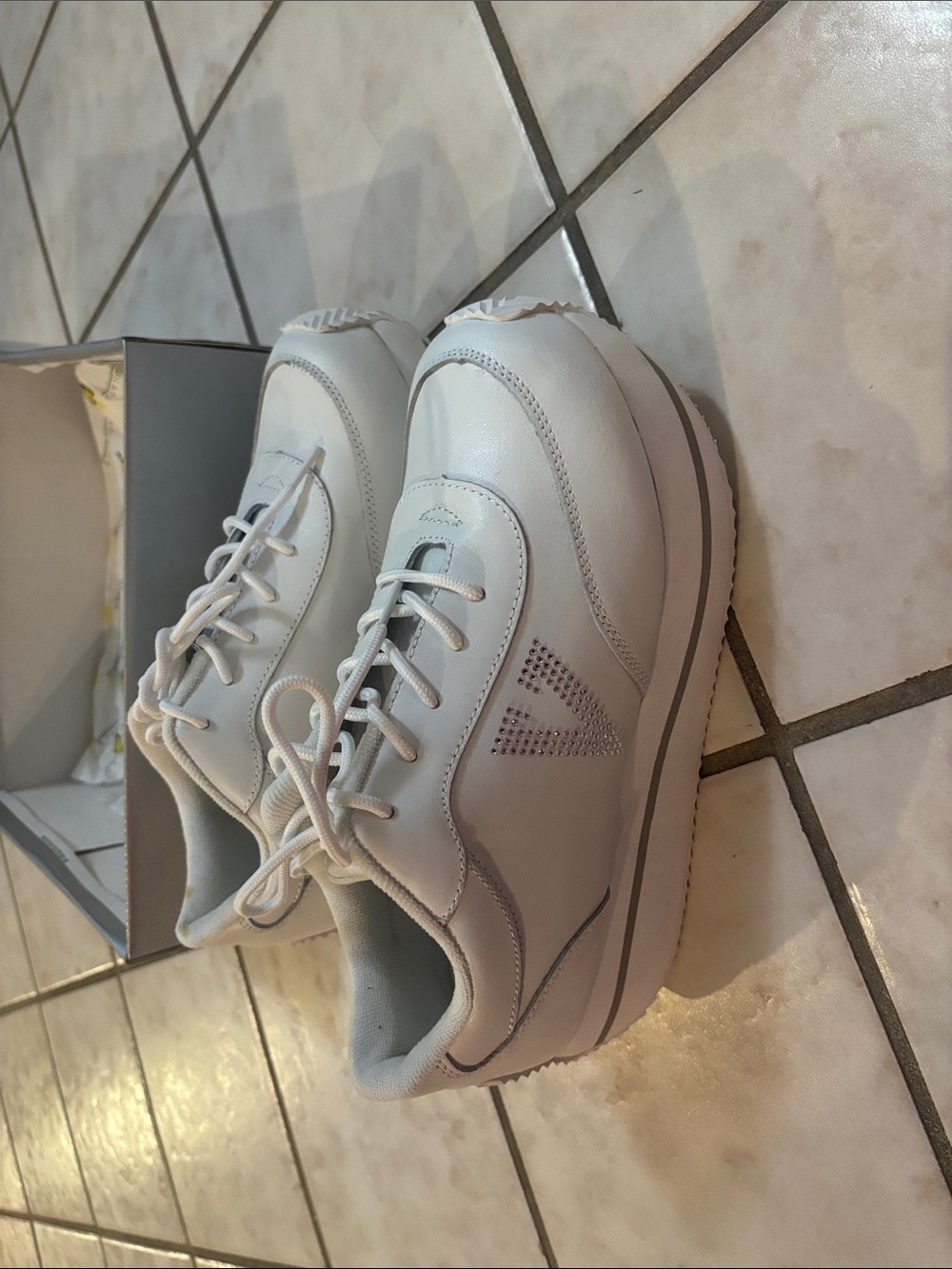 Vintage Volatile White Platform Sneakers with Gem V Detail